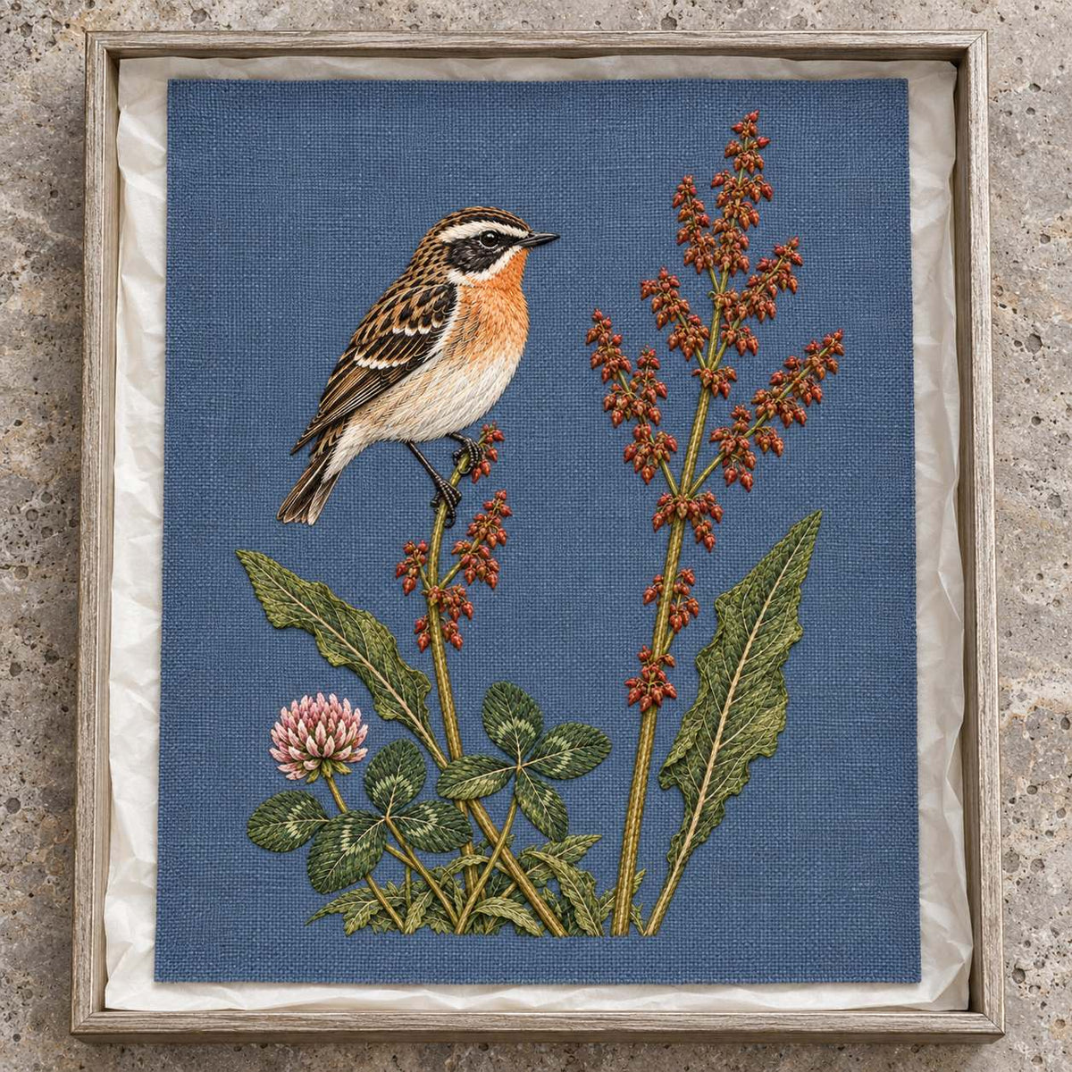 Whinchat Between the Sorrel Spears visual mockup shown as a textile panel in a collection tray, with the design on muted slate-blue linen.