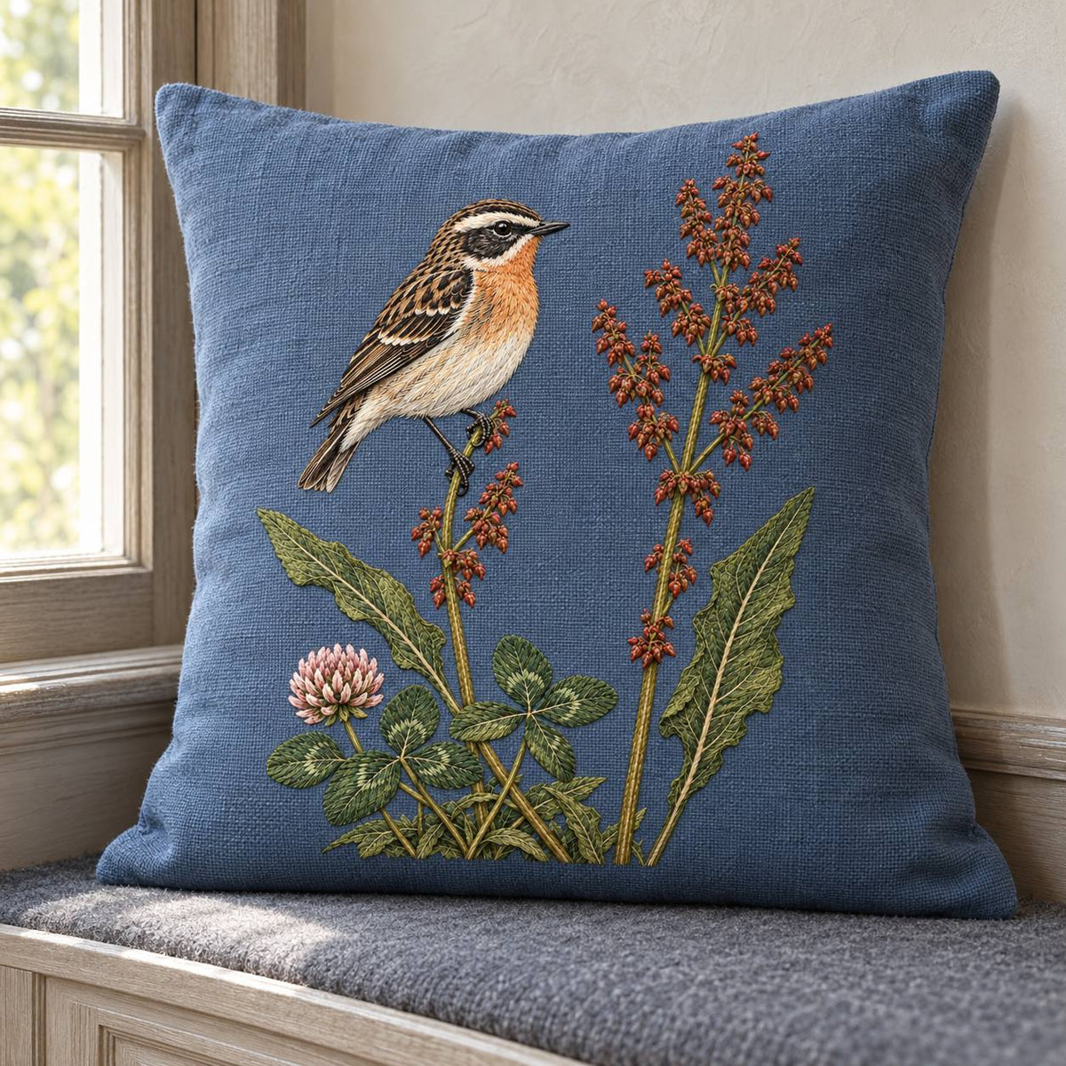 Whinchat Between the Sorrel Spears visual mockup shown on a cushion beside a window, with the design on muted slate-blue linen.