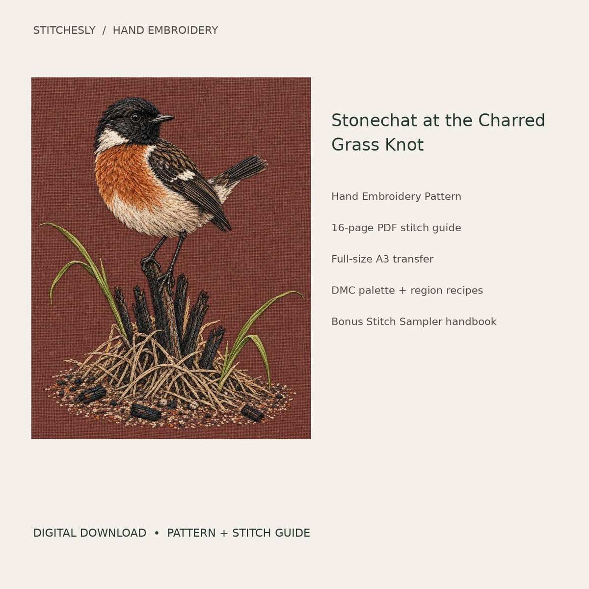 Stonechat at the Charred Grass Knot: digital hand embroidery pattern cover with artwork and included files