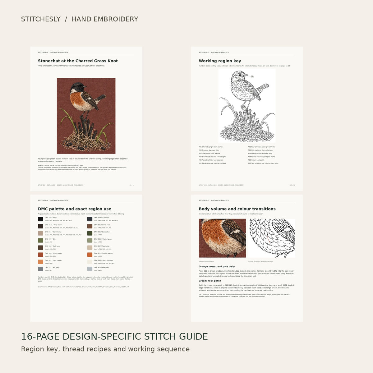 Stonechat at the Charred Grass Knot: preview of the 16-page stitch guide, region key, DMC palette and stitching instructions