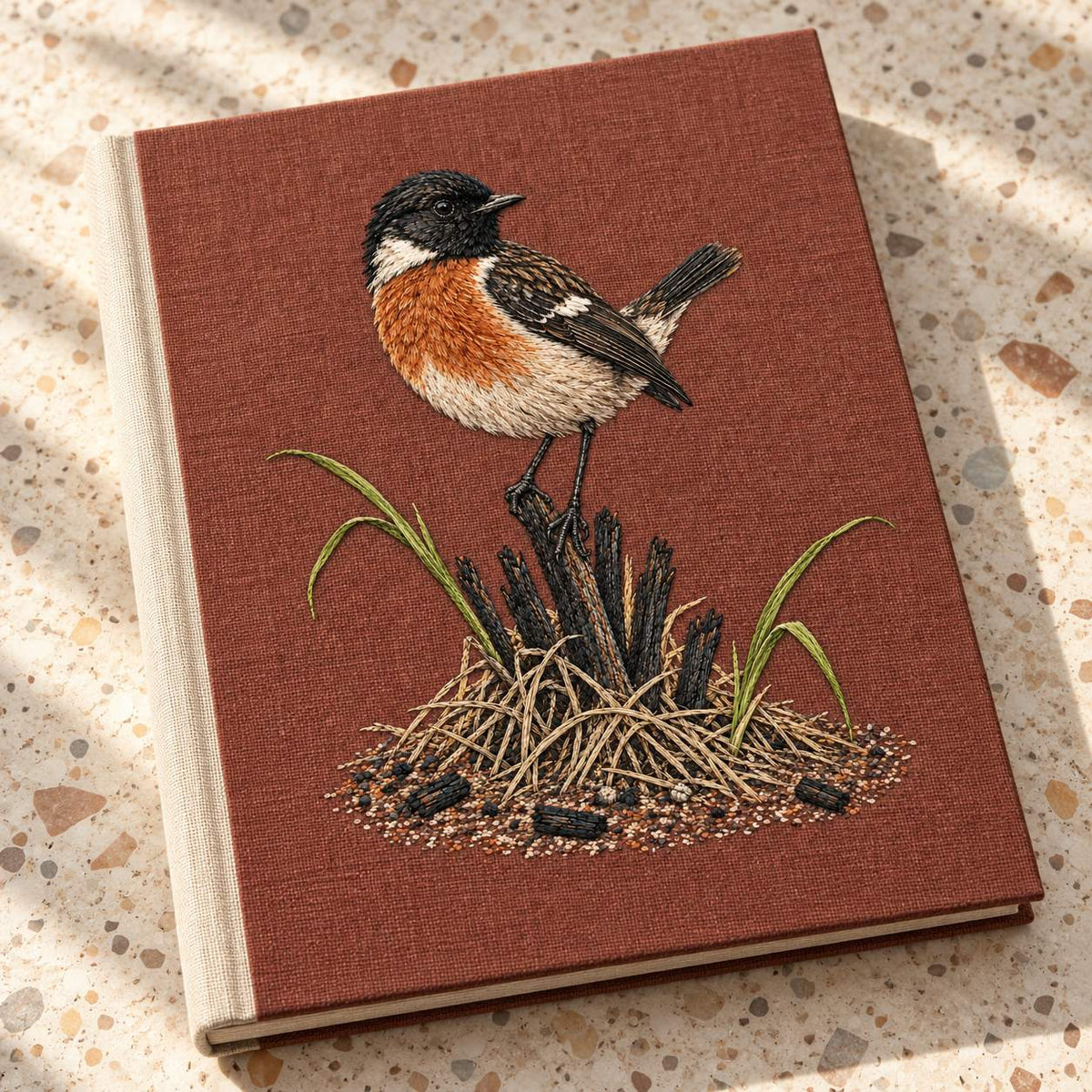 Stonechat at the Charred Grass Knot visual mockup shown on a cloth portfolio cover, with the design on terracotta linen.
