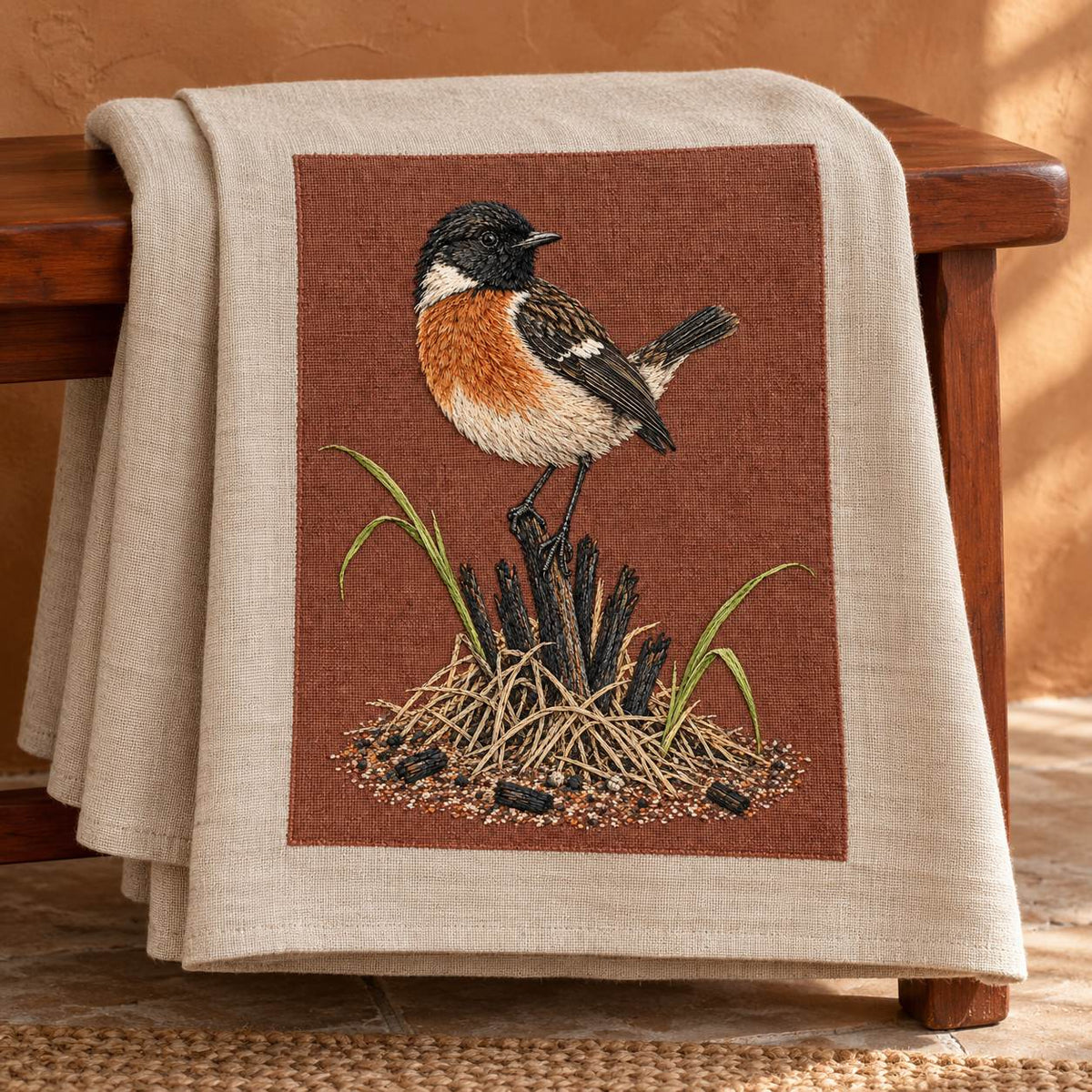 Stonechat at the Charred Grass Knot visual mockup shown on a textile runner over a console, with the design on terracotta linen.