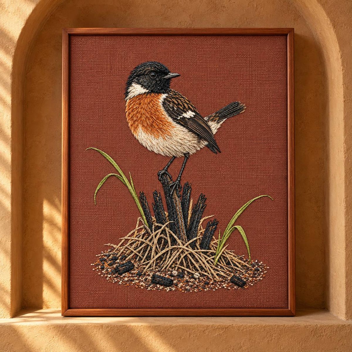 Stonechat at the Charred Grass Knot visual mockup shown as a framed textile in a gallery niche, with the design on terracotta linen.
