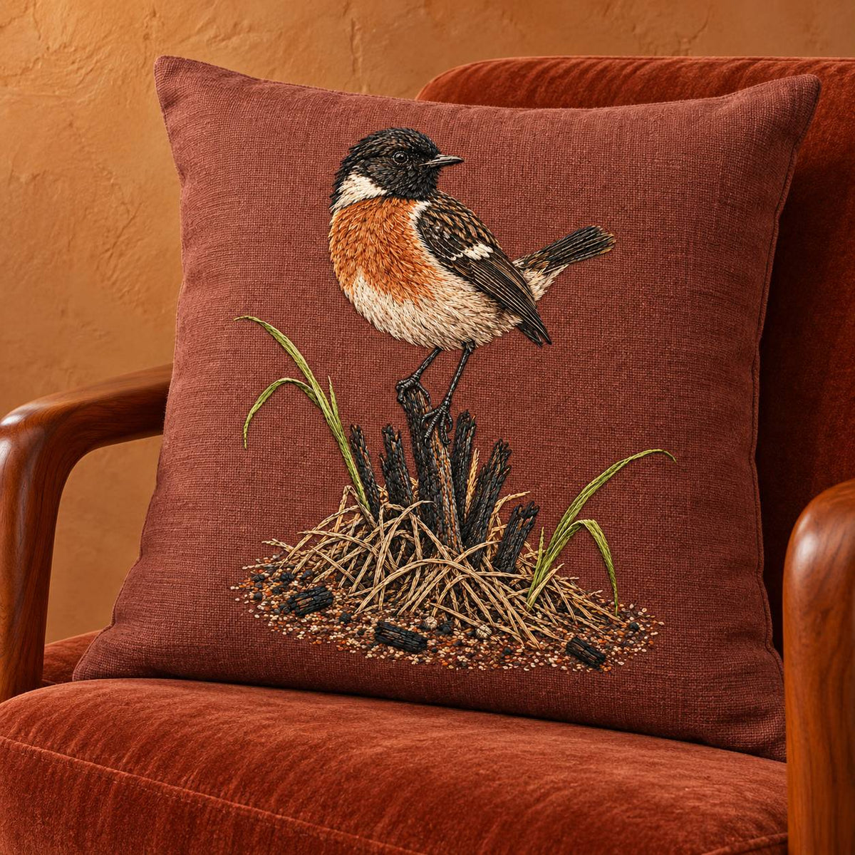 Stonechat at the Charred Grass Knot visual mockup shown on a cushion in a lounge chair, with the design on terracotta linen.