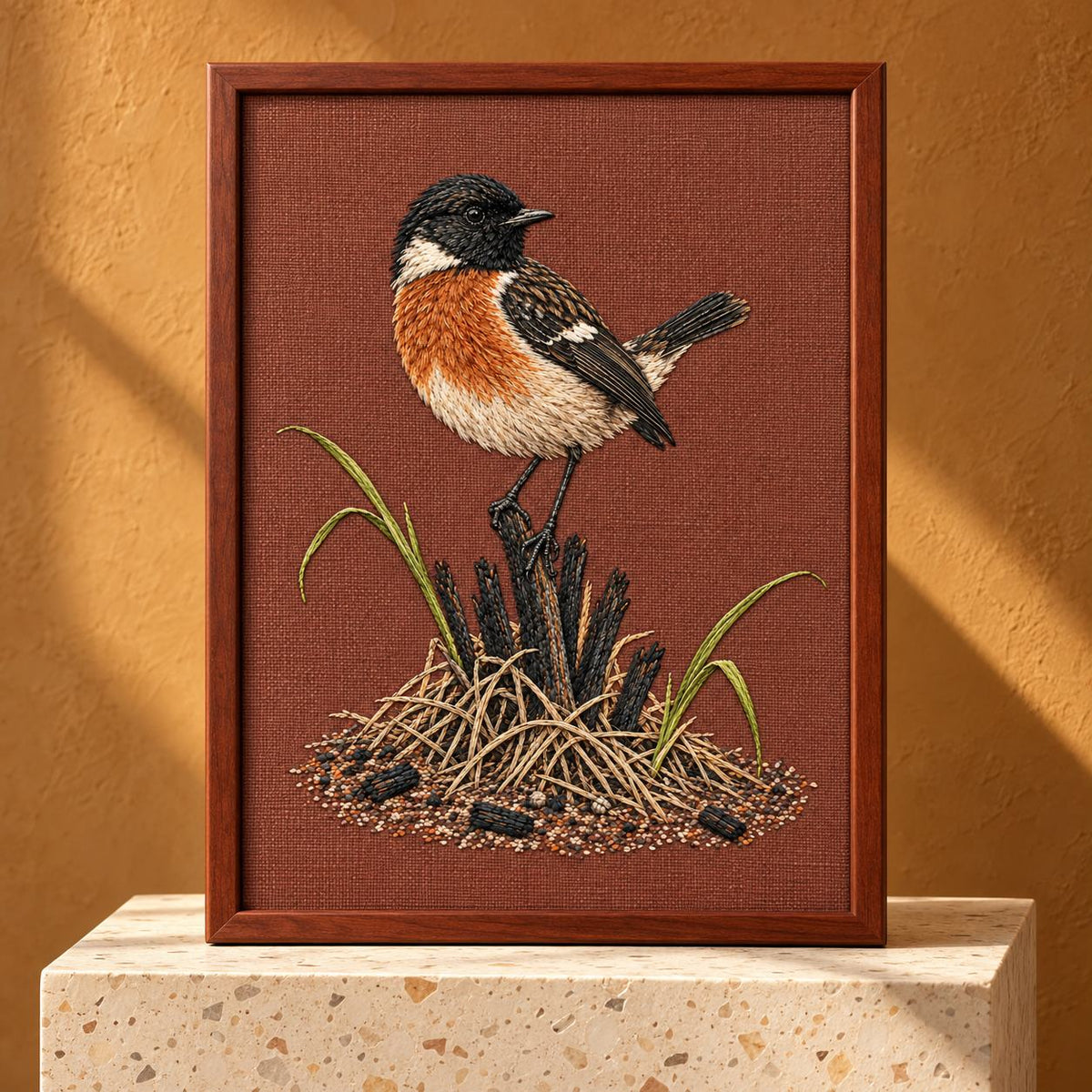 Stonechat at the Charred Grass Knot visual mockup shown in a frame leaning on a mantel, with the design on terracotta linen.