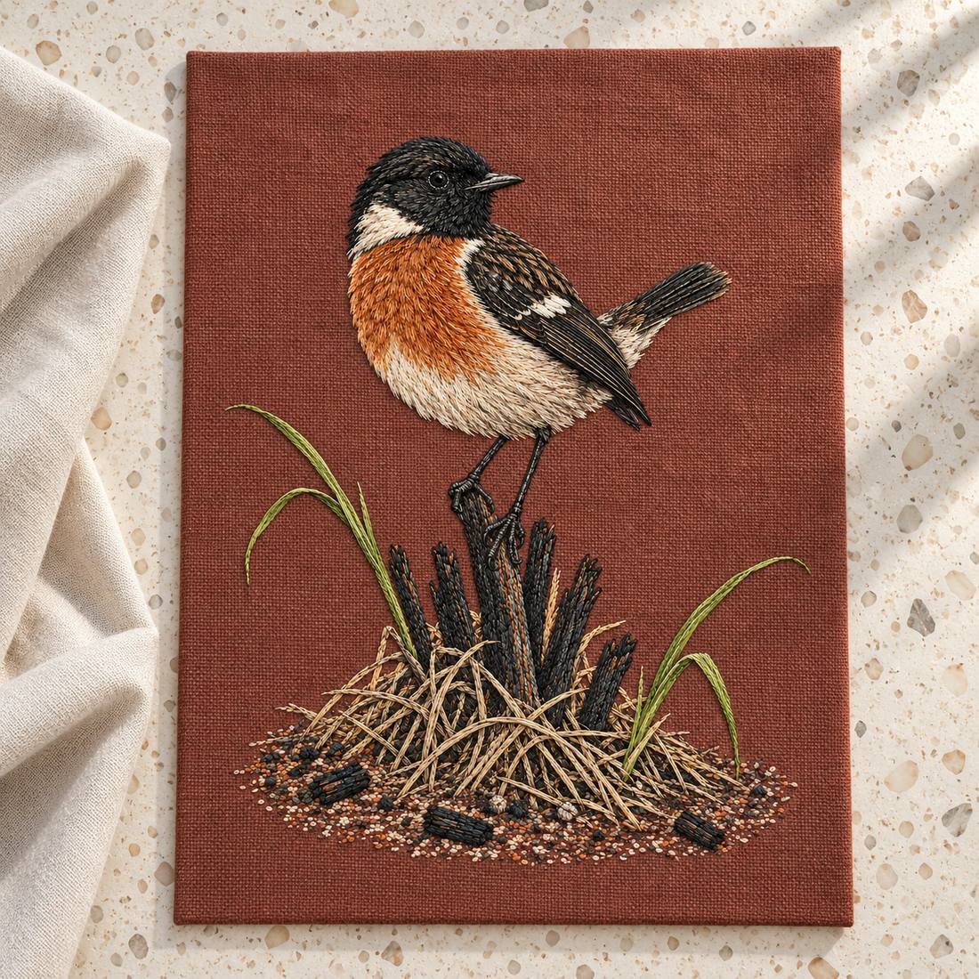 Stonechat at the Charred Grass Knot visual mockup shown as a textile panel on a stone platform, with the design on terracotta linen.