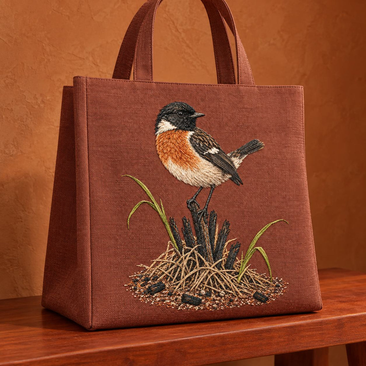 Stonechat at the Charred Grass Knot visual mockup shown on the front of a structured linen tote, with the design on terracotta linen.