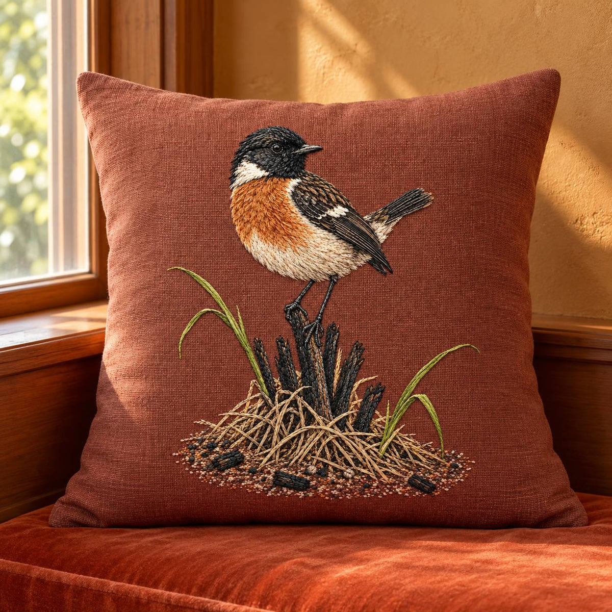 Stonechat at the Charred Grass Knot visual mockup shown on a cushion beside a window, with the design on terracotta linen.