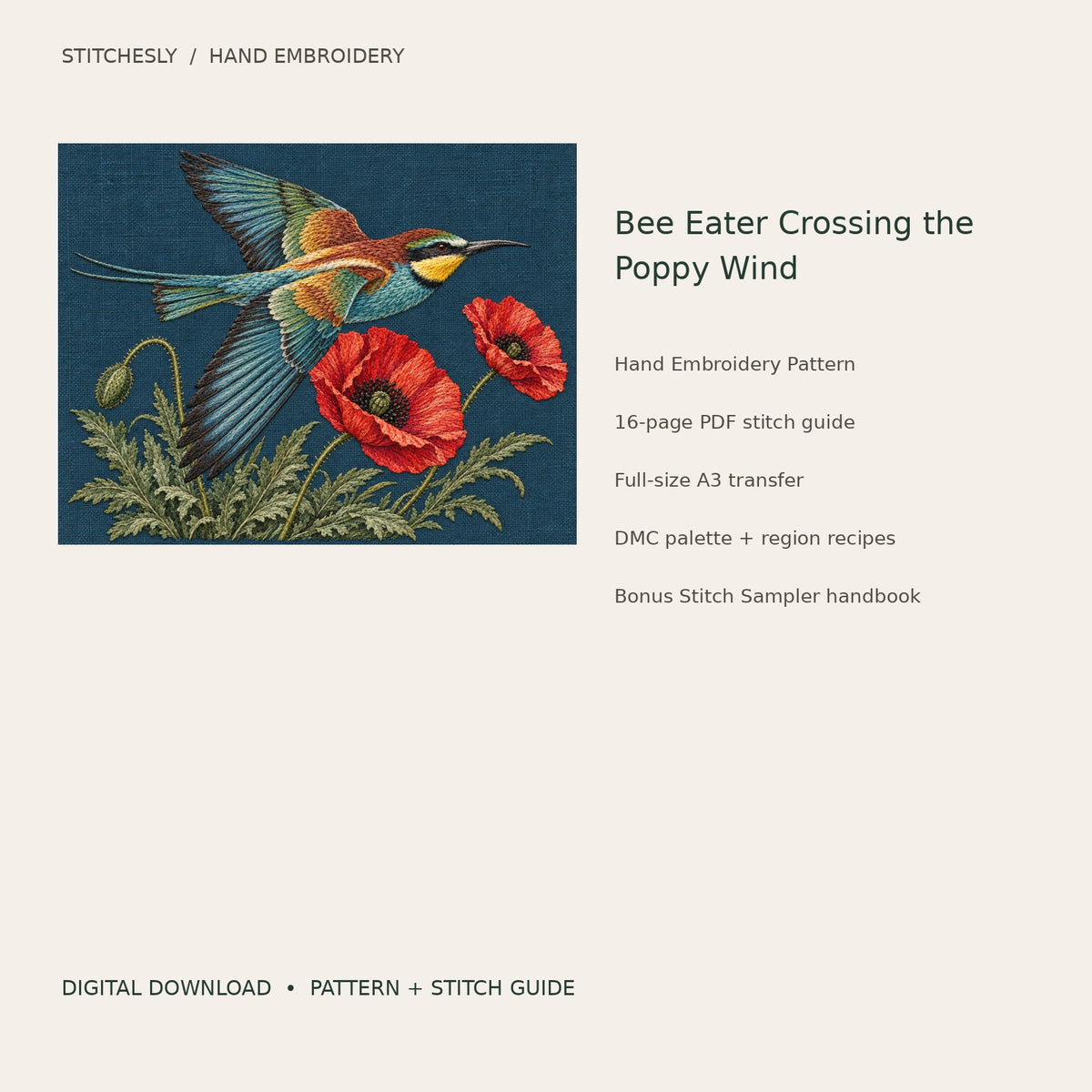 Bee Eater Crossing the Poppy Wind: digital hand embroidery pattern cover with artwork and included files