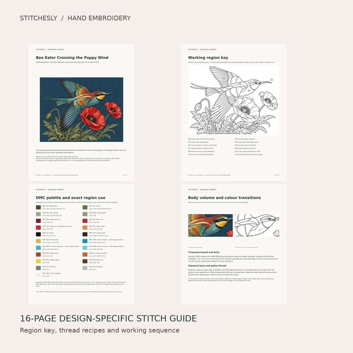 Bee Eater Crossing the Poppy Wind: preview of the 16-page stitch guide, region key, DMC palette and stitching instructions