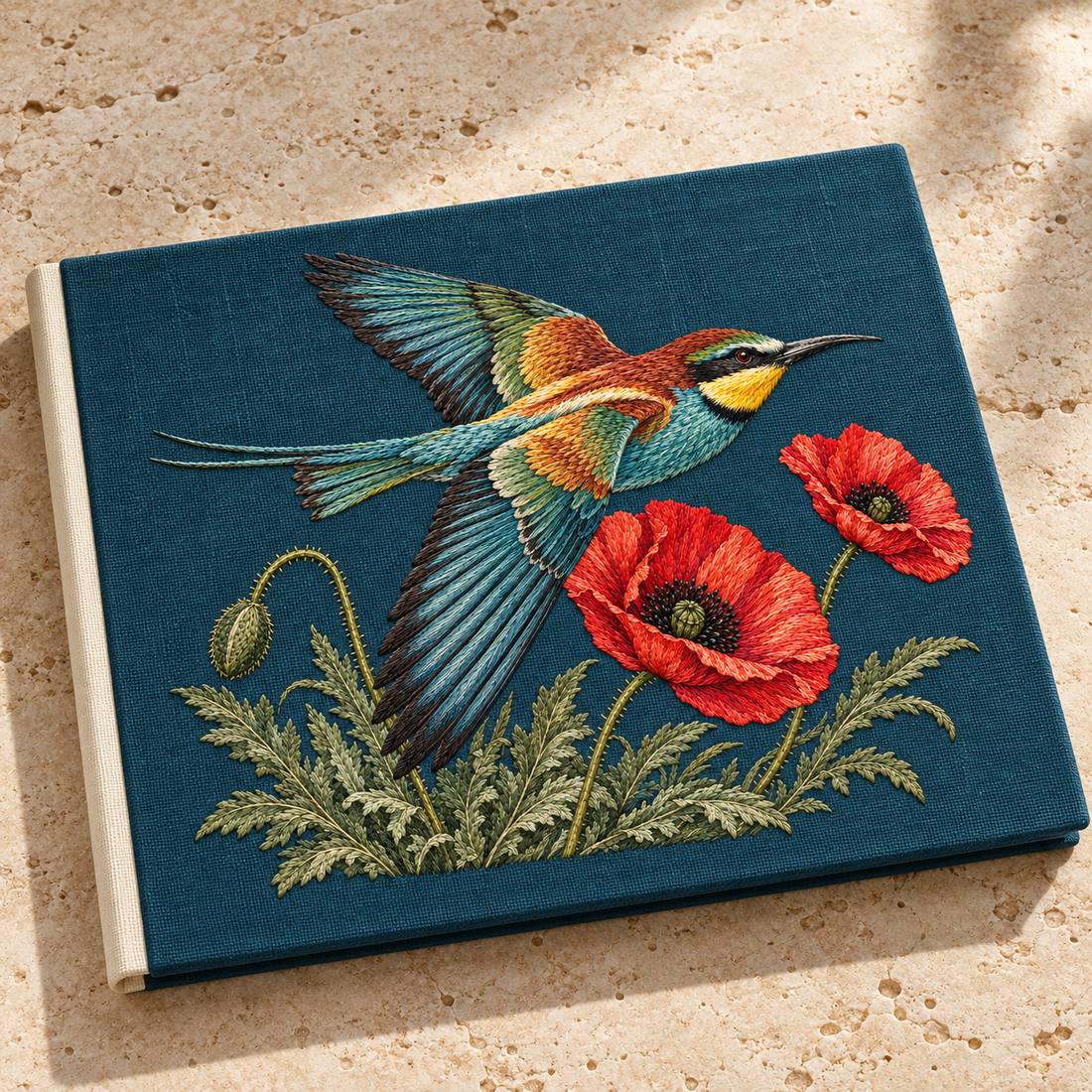 Bee Eater Crossing the Poppy Wind visual mockup shown on a cloth portfolio cover, with the design on dark teal linen.