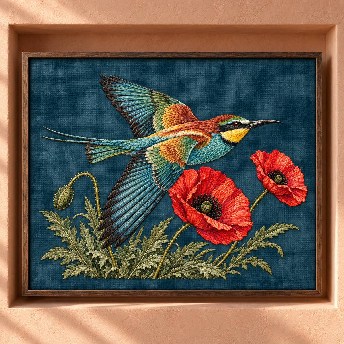 Bee Eater Crossing the Poppy Wind visual mockup shown as a framed textile in a gallery niche, with the design on dark teal linen.
