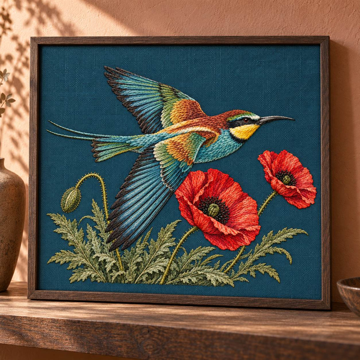 Bee Eater Crossing the Poppy Wind visual mockup shown in a frame leaning on a mantel, with the design on dark teal linen.