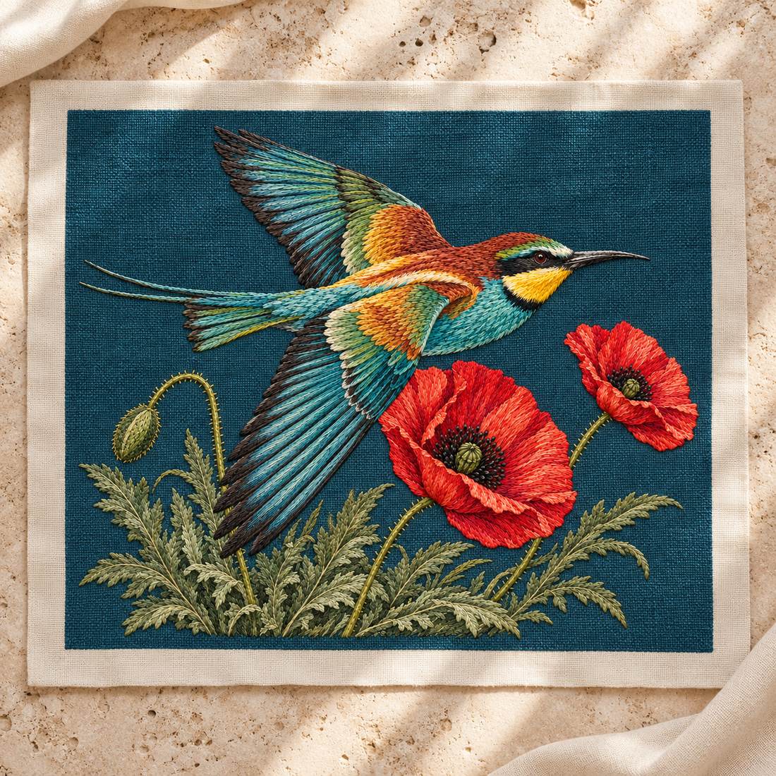 Bee Eater Crossing the Poppy Wind visual mockup shown as a textile panel on a stone platform, with the design on dark teal linen.