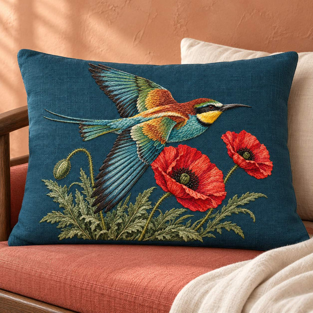 Bee Eater Crossing the Poppy Wind visual mockup shown on a cushion beside a window, with the design on dark teal linen.