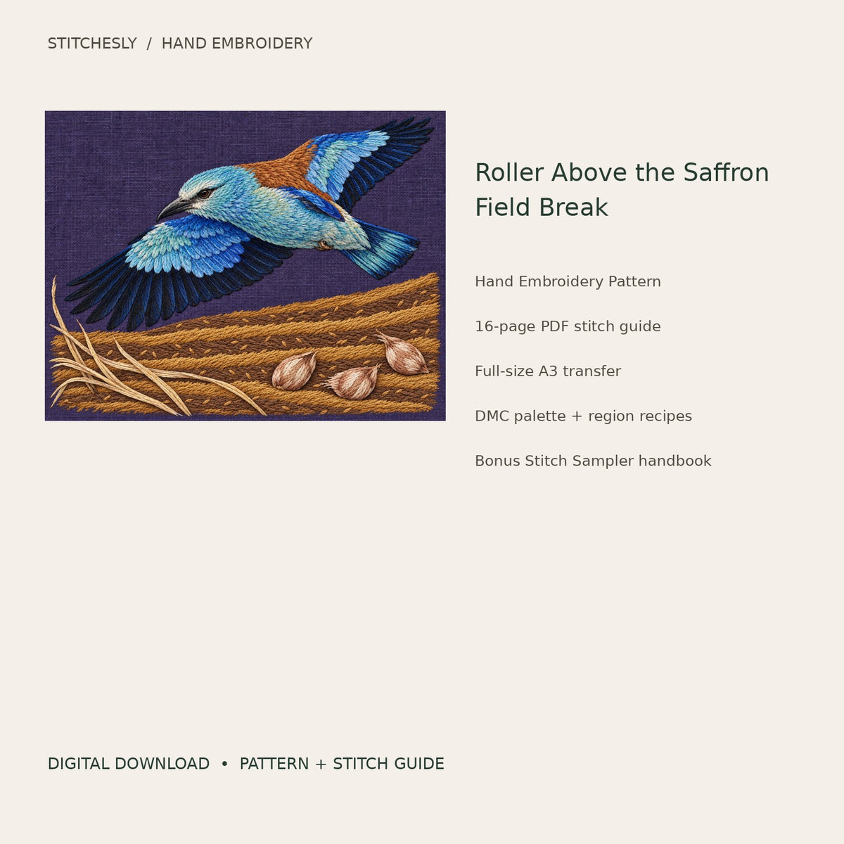 Roller Above the Saffron Field Break: digital hand embroidery pattern cover with artwork and included files