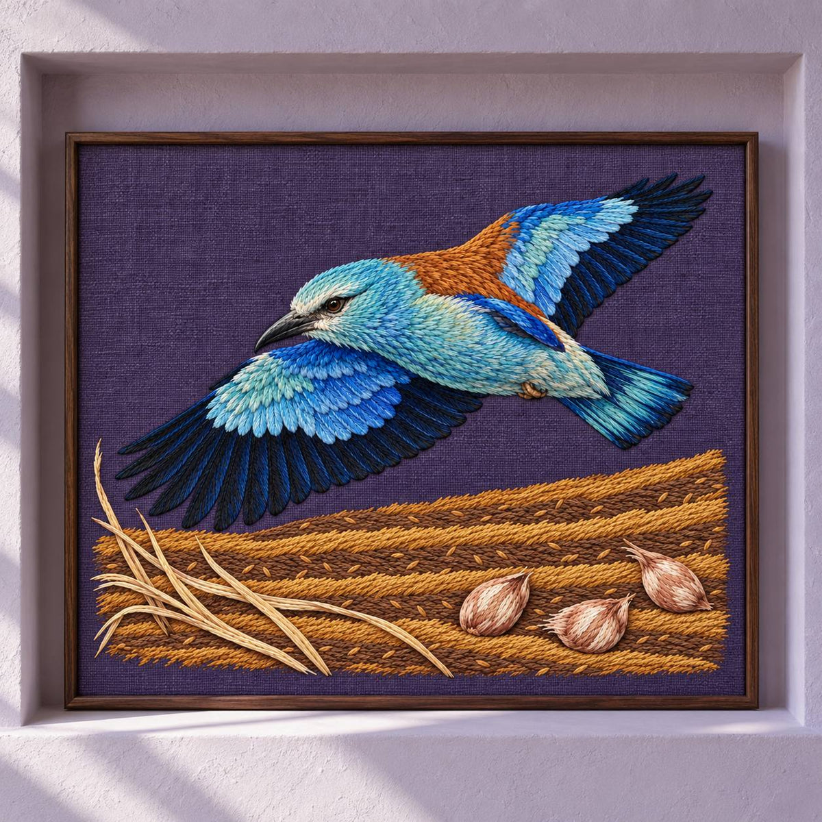 Roller Above the Saffron Field Break visual mockup shown as a framed textile in a gallery niche, with the design on plum linen.