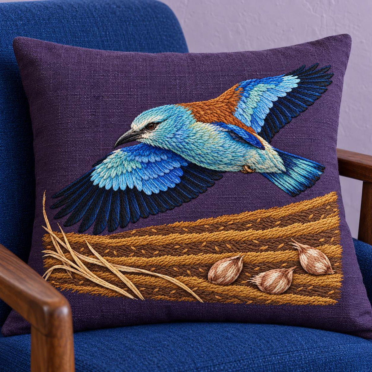 Roller Above the Saffron Field Break visual mockup shown on a cushion in a lounge chair, with the design on plum linen.