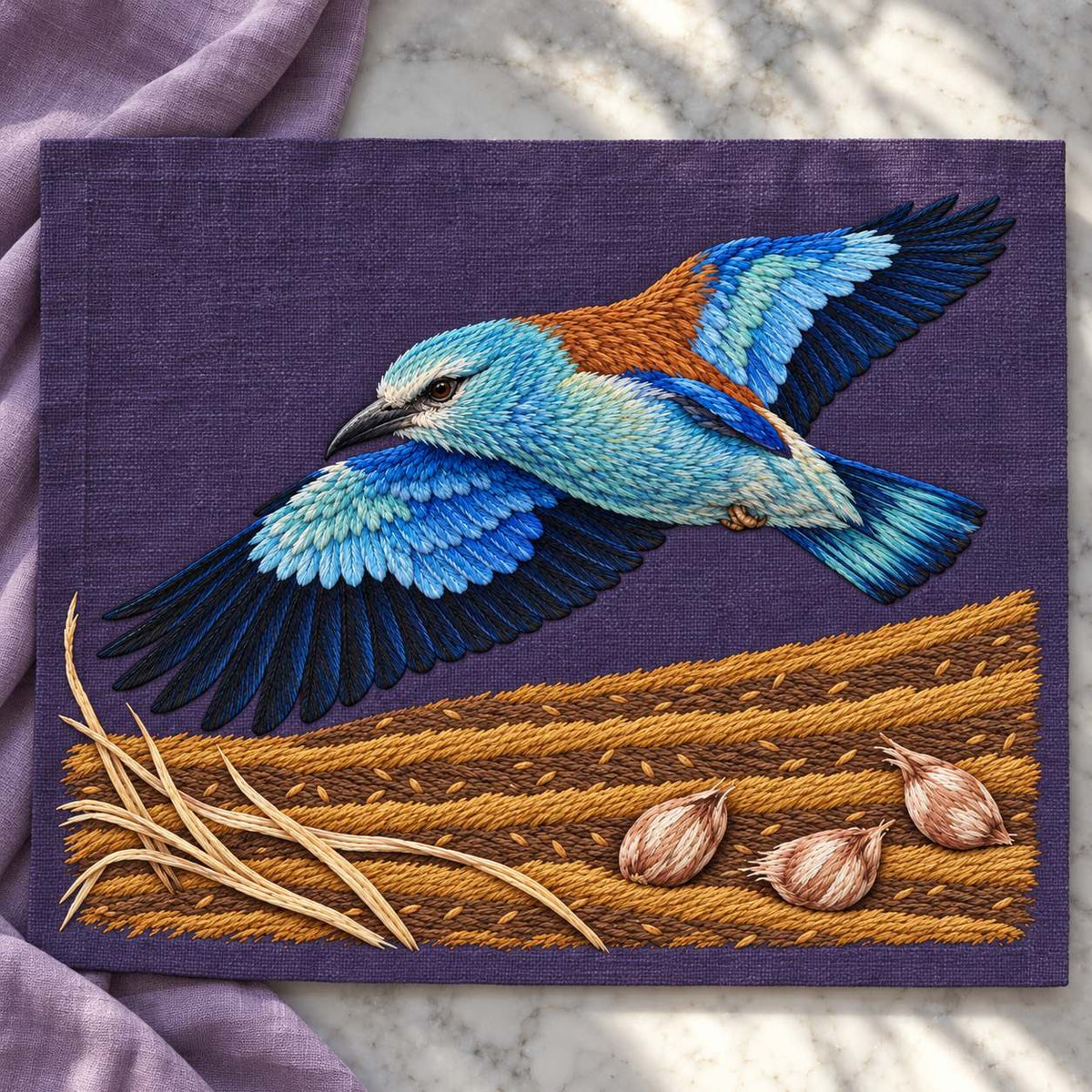 Roller Above the Saffron Field Break visual mockup shown as a textile panel on a stone platform, with the design on plum linen.