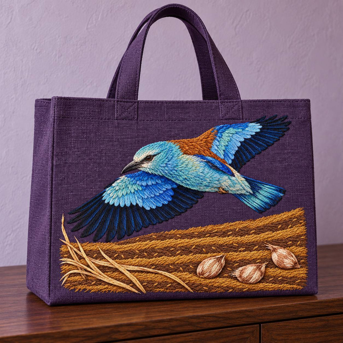 Roller Above the Saffron Field Break visual mockup shown on the front of a structured linen tote, with the design on plum linen.