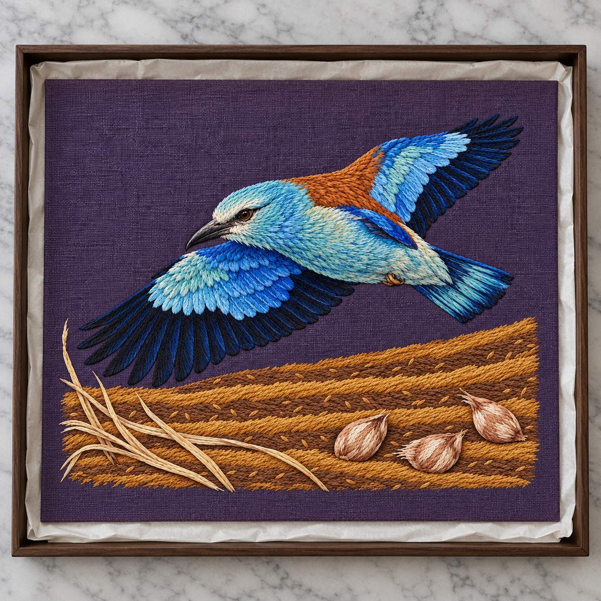 Roller Above the Saffron Field Break visual mockup shown as a textile panel in a collection tray, with the design on plum linen.