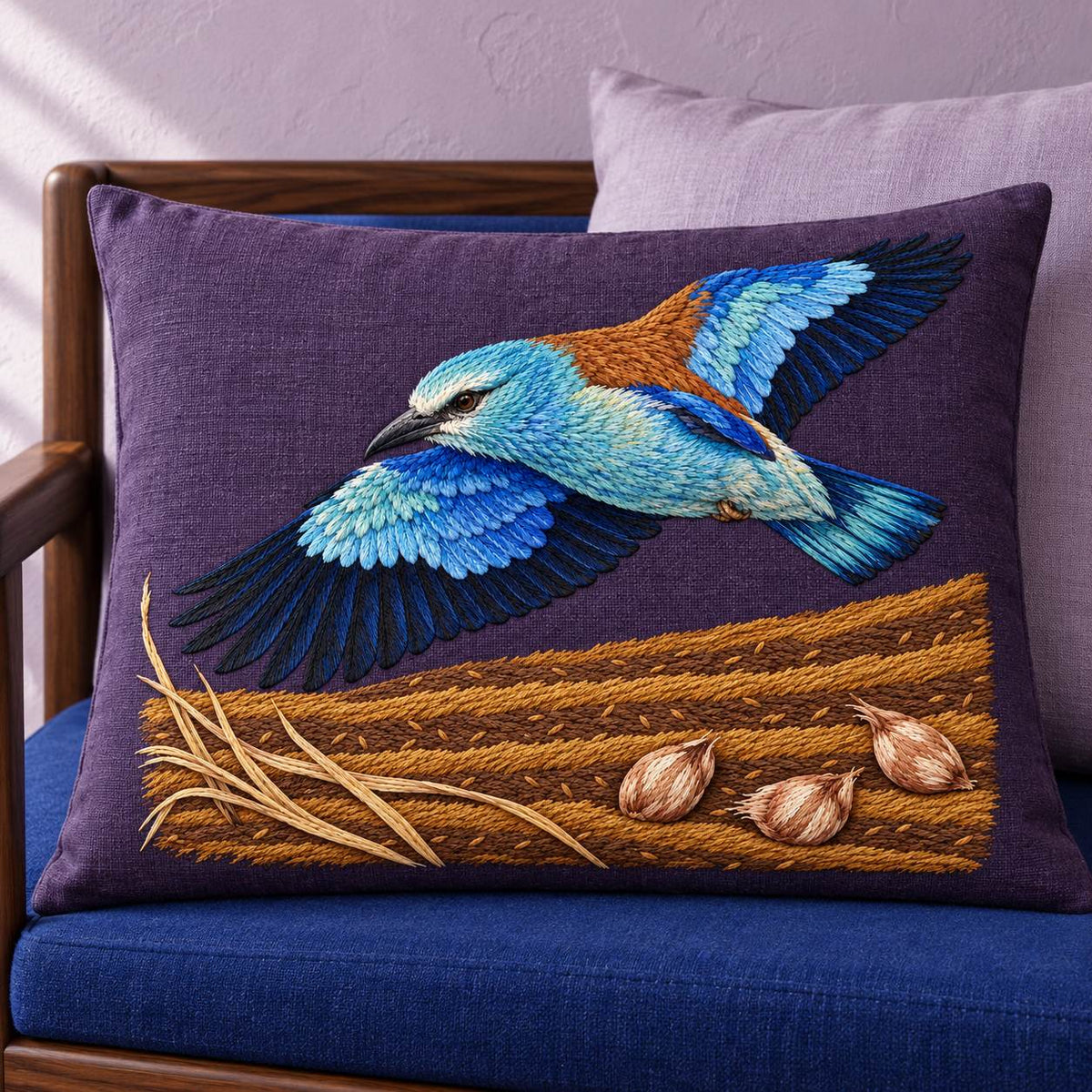 Roller Above the Saffron Field Break visual mockup shown on a cushion beside a window, with the design on plum linen.
