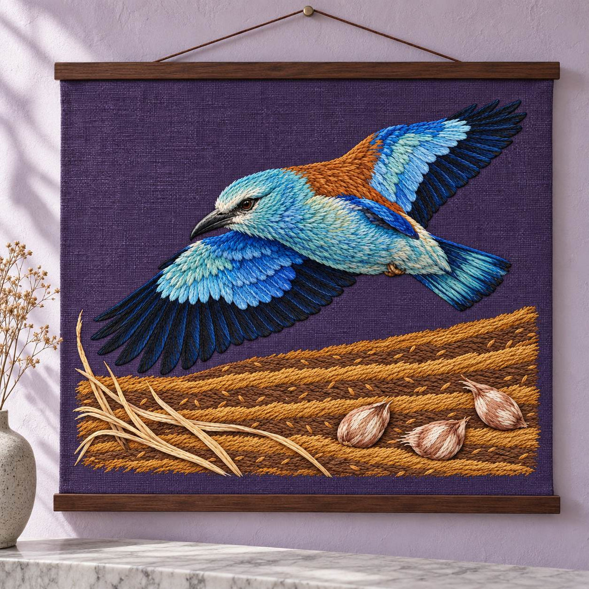 Roller Above the Saffron Field Break visual mockup shown as a hanging textile held by wooden rails, with the design on plum linen.