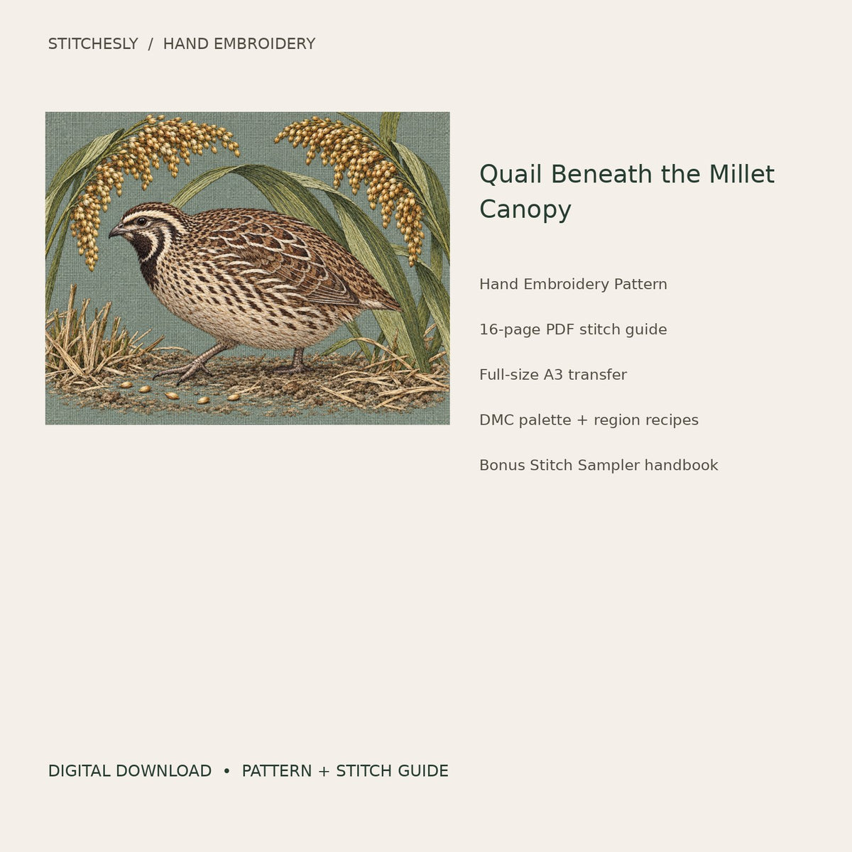 Quail Beneath the Millet Canopy: digital hand embroidery pattern cover with artwork and included files