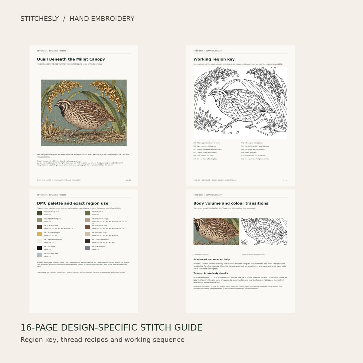 Quail Beneath the Millet Canopy: preview of the 16-page stitch guide, region key, DMC palette and stitching instructions