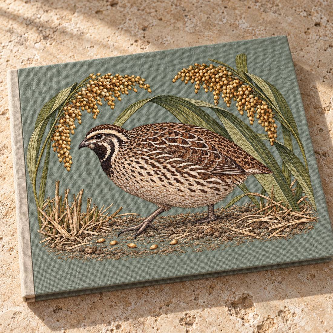 Quail Beneath the Millet Canopy visual mockup shown on a cloth portfolio cover, with the design on sage-grey linen.
