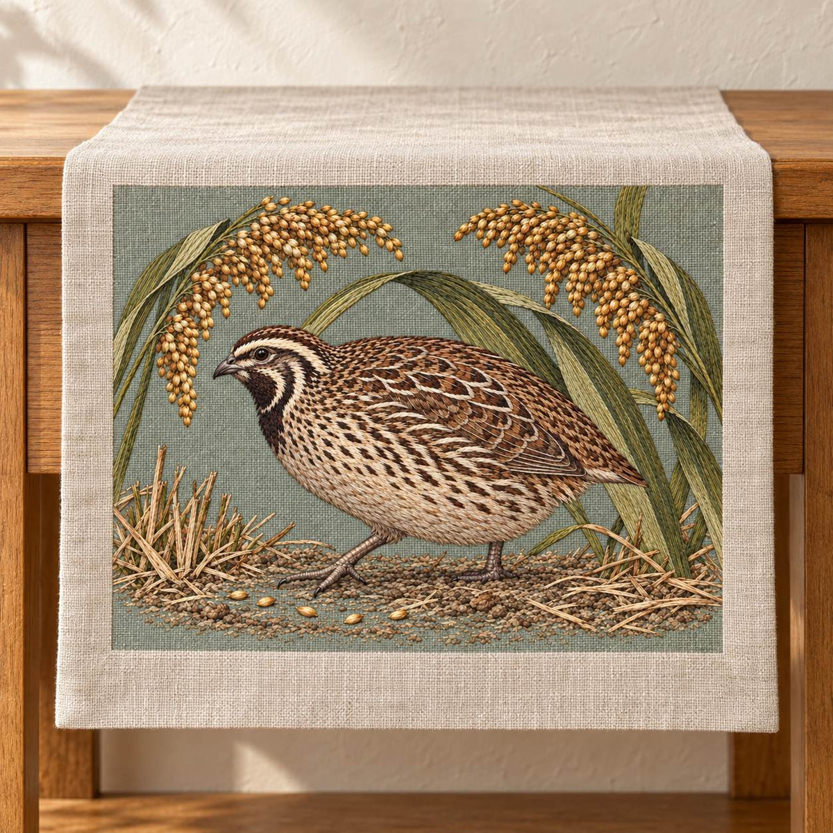 Quail Beneath the Millet Canopy visual mockup shown on a textile runner over a console, with the design on sage-grey linen.