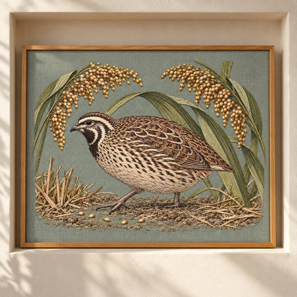 Quail Beneath the Millet Canopy visual mockup shown as a framed textile in a gallery niche, with the design on sage-grey linen.