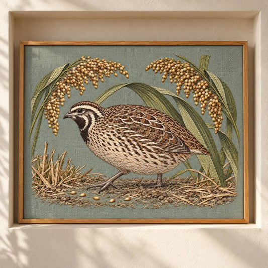 Quail Beneath the Millet Canopy visual mockup shown as a framed textile in a gallery niche, with the design on sage-grey linen.