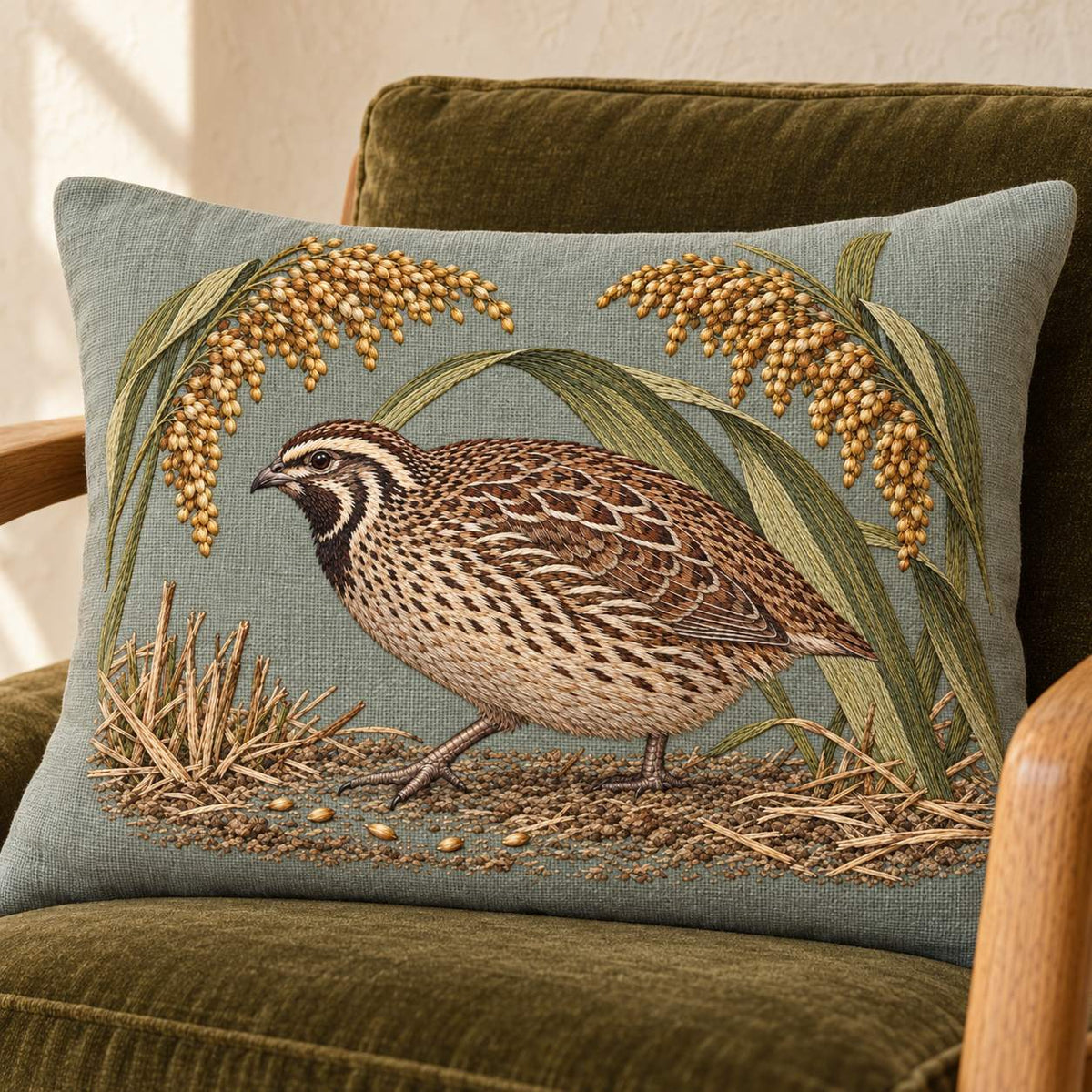 Quail Beneath the Millet Canopy visual mockup shown on a cushion in a lounge chair, with the design on sage-grey linen.