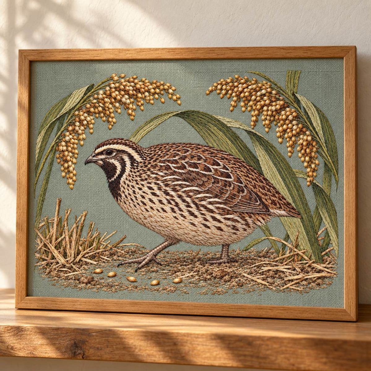Quail Beneath the Millet Canopy visual mockup shown in a frame leaning on a mantel, with the design on sage-grey linen.