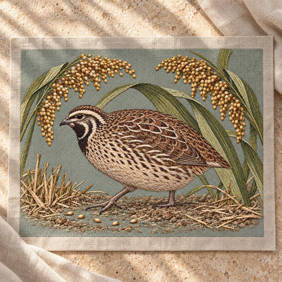 Quail Beneath the Millet Canopy visual mockup shown as a textile panel on a stone platform, with the design on sage-grey linen.