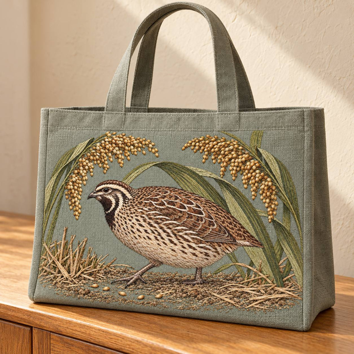 Quail Beneath the Millet Canopy visual mockup shown on the front of a structured linen tote, with the design on sage-grey linen.