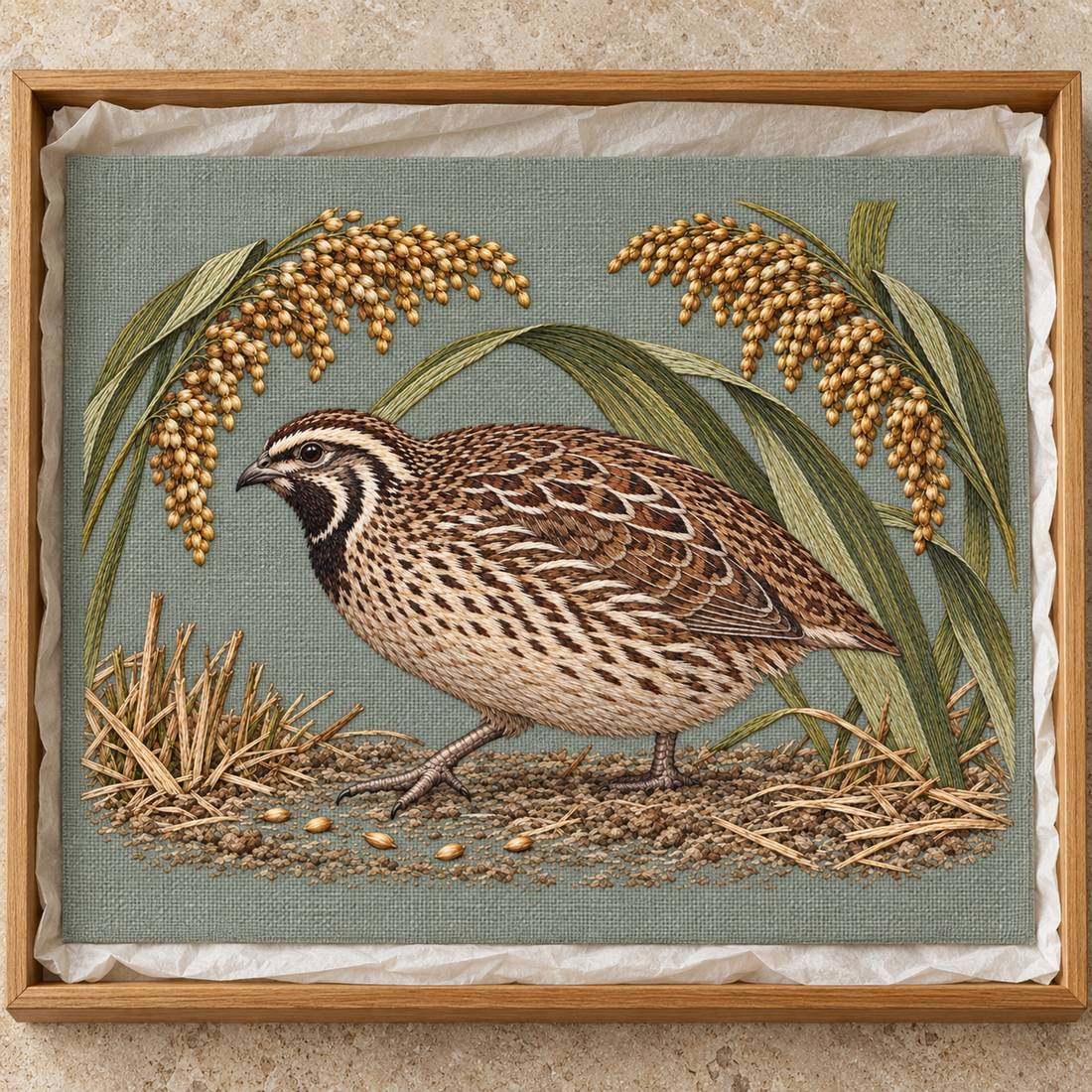 Quail Beneath the Millet Canopy visual mockup shown as a textile panel in a collection tray, with the design on sage-grey linen.