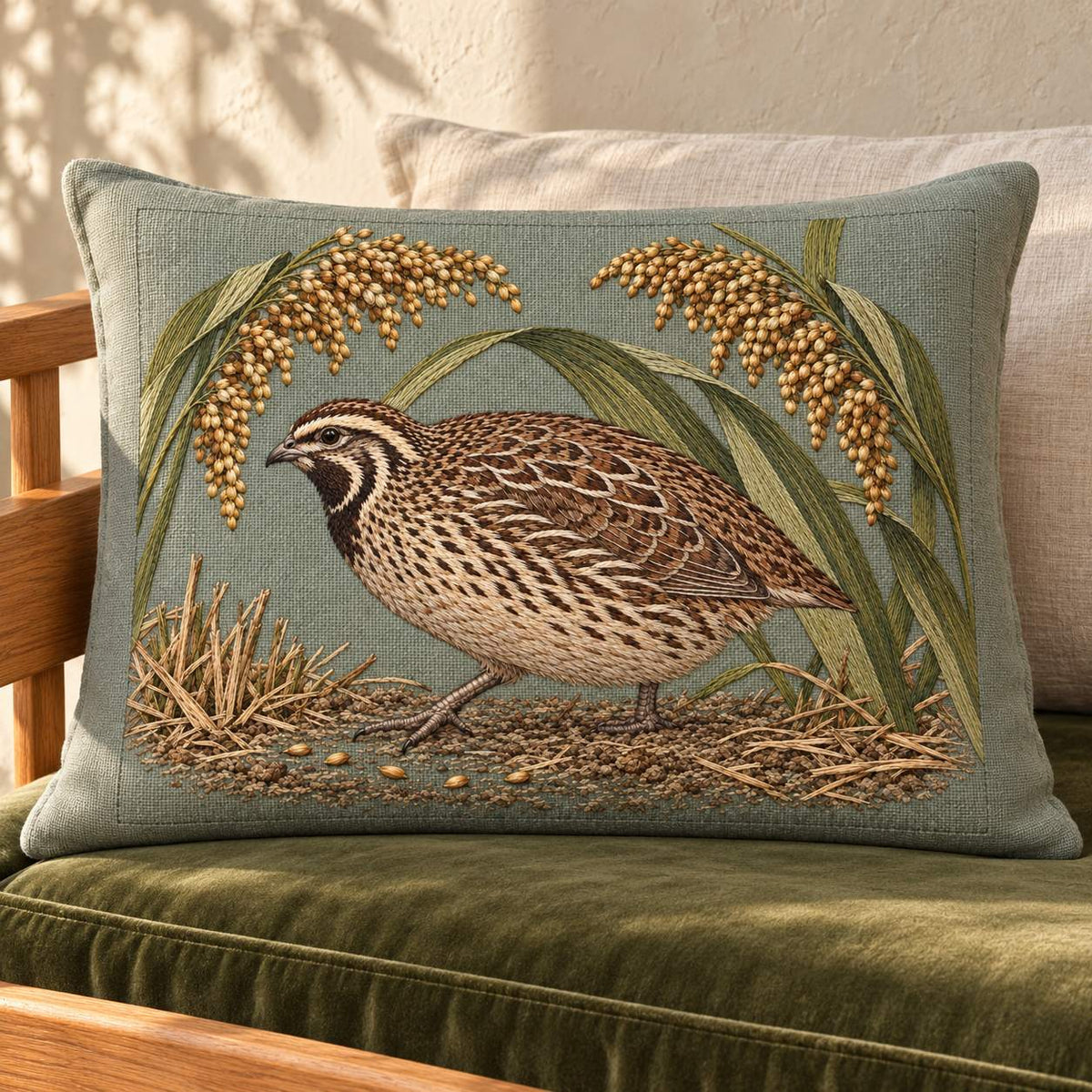 Quail Beneath the Millet Canopy visual mockup shown on a cushion beside a window, with the design on sage-grey linen.