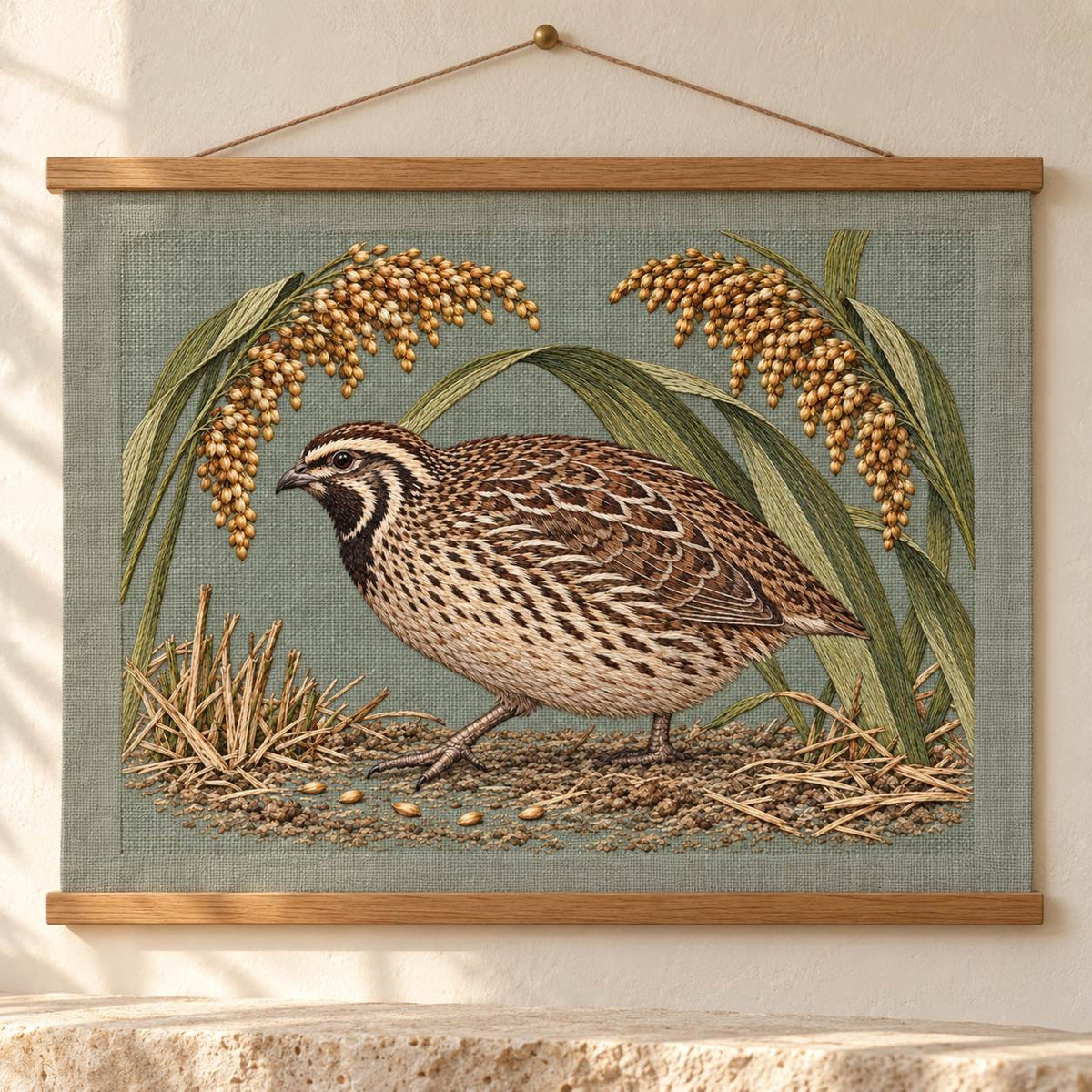 Quail Beneath the Millet Canopy visual mockup shown as a hanging textile held by wooden rails, with the design on sage-grey linen.