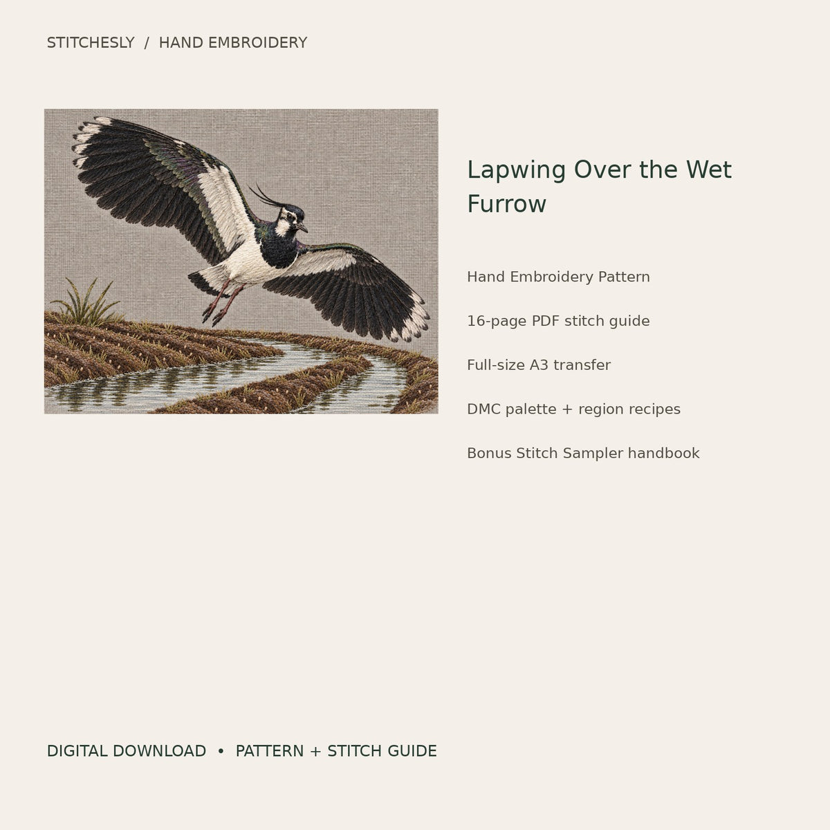 Lapwing Over the Wet Furrow: digital hand embroidery pattern cover with artwork and included files
