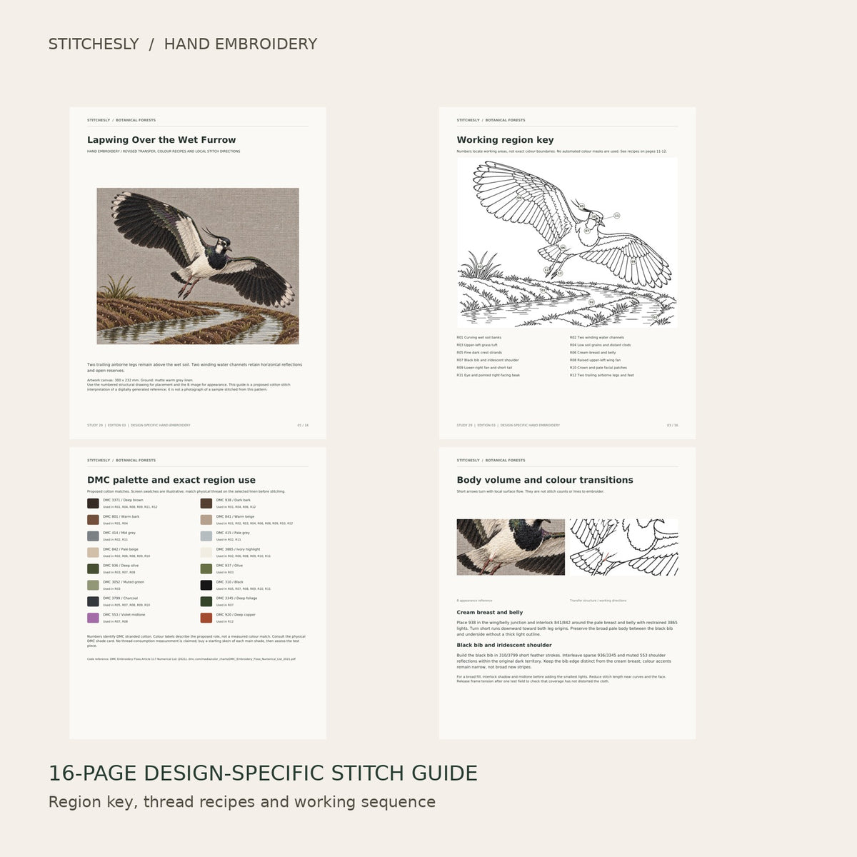 Lapwing Over the Wet Furrow: preview of the 16-page stitch guide, region key, DMC palette and stitching instructions