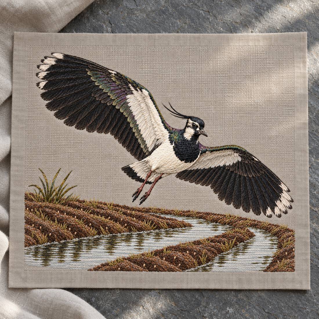 Lapwing Over the Wet Furrow visual mockup shown as a textile panel on a stone platform, with the design on warm grey linen.