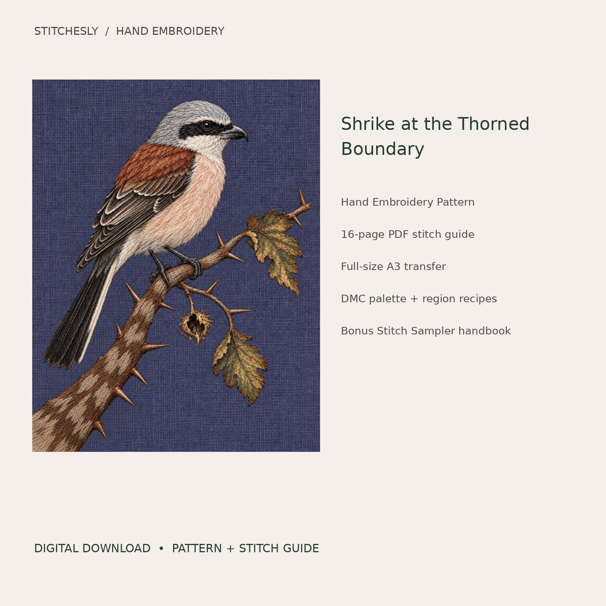 Shrike at the Thorned Boundary: digital hand embroidery pattern cover with artwork and included files