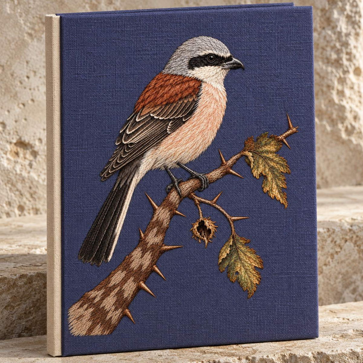 Shrike at the Thorned Boundary visual mockup shown on a cloth portfolio cover, with the design on slate-plum linen.