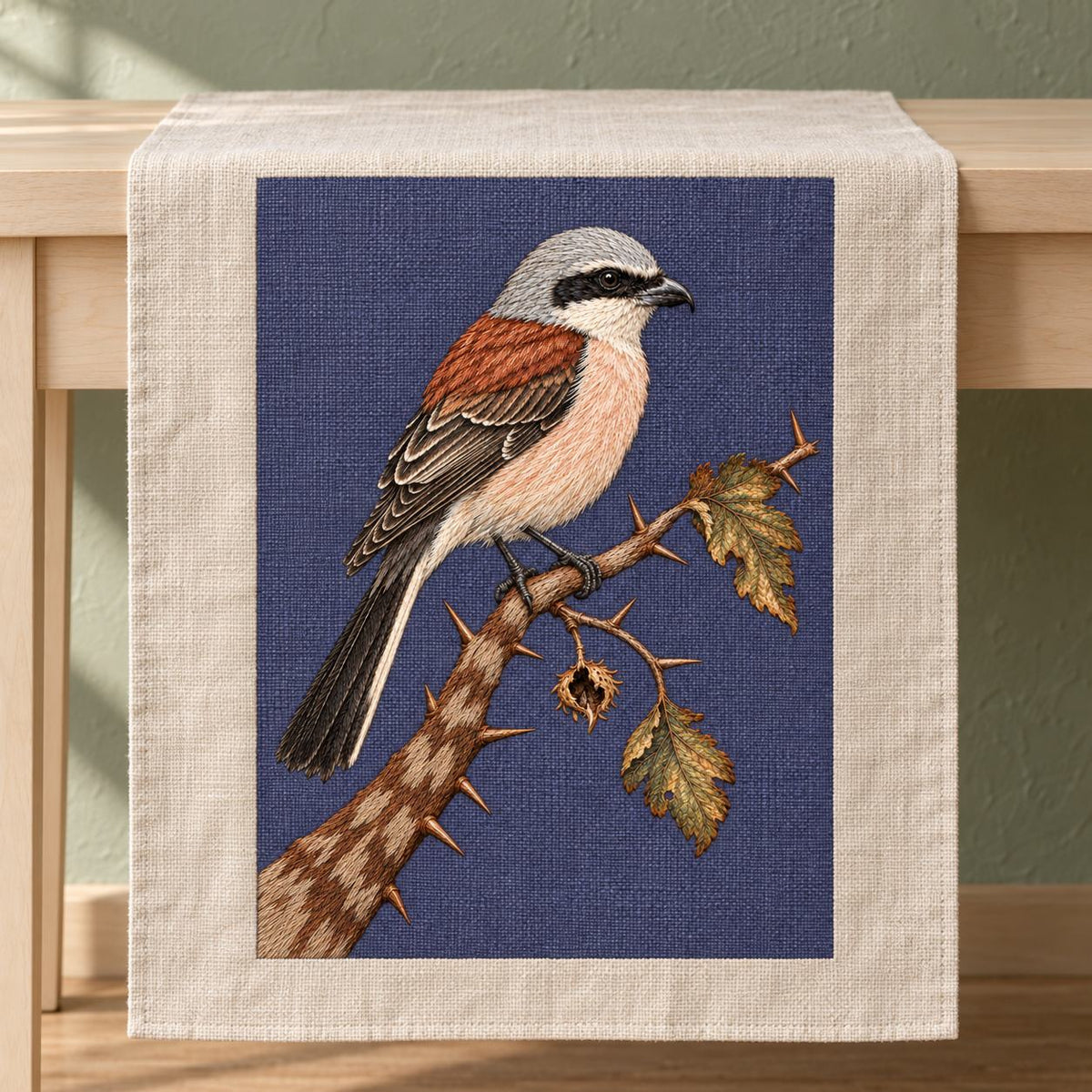 Shrike at the Thorned Boundary visual mockup shown on a textile runner over a console, with the design on slate-plum linen.