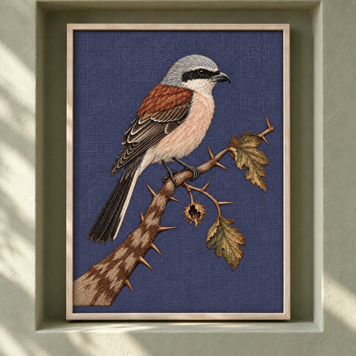 Shrike at the Thorned Boundary visual mockup shown as a framed textile in a gallery niche, with the design on slate-plum linen.