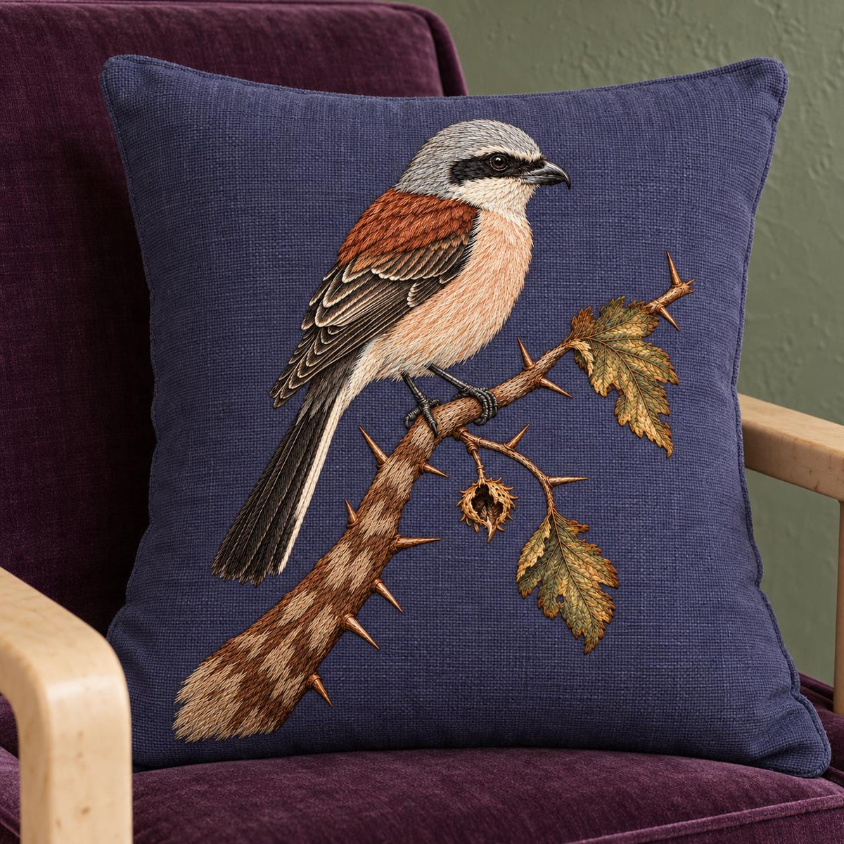 Shrike at the Thorned Boundary visual mockup shown on a cushion in a lounge chair, with the design on slate-plum linen.