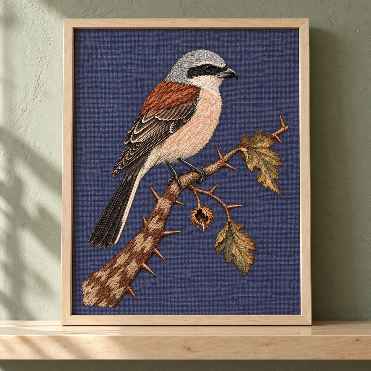 Shrike at the Thorned Boundary visual mockup shown in a frame leaning on a mantel, with the design on slate-plum linen.