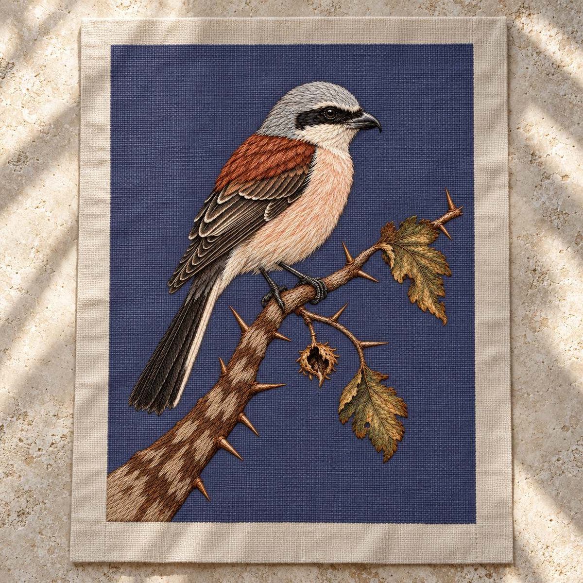 Shrike at the Thorned Boundary visual mockup shown as a textile panel on a stone platform, with the design on slate-plum linen.